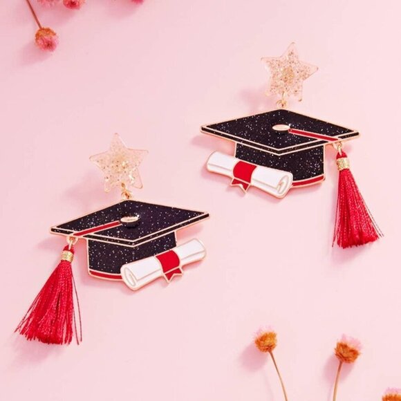 Graduation Cap Glitter Star Tassel Earrings - Picture 1 of 3